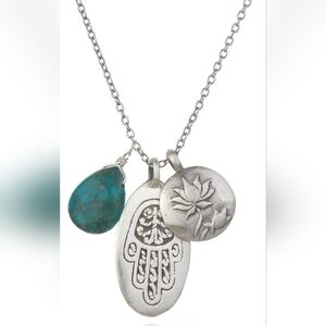 Satya Hamsa Lotus Turquoise Sterling Silver  Charm Necklace 18 Inch